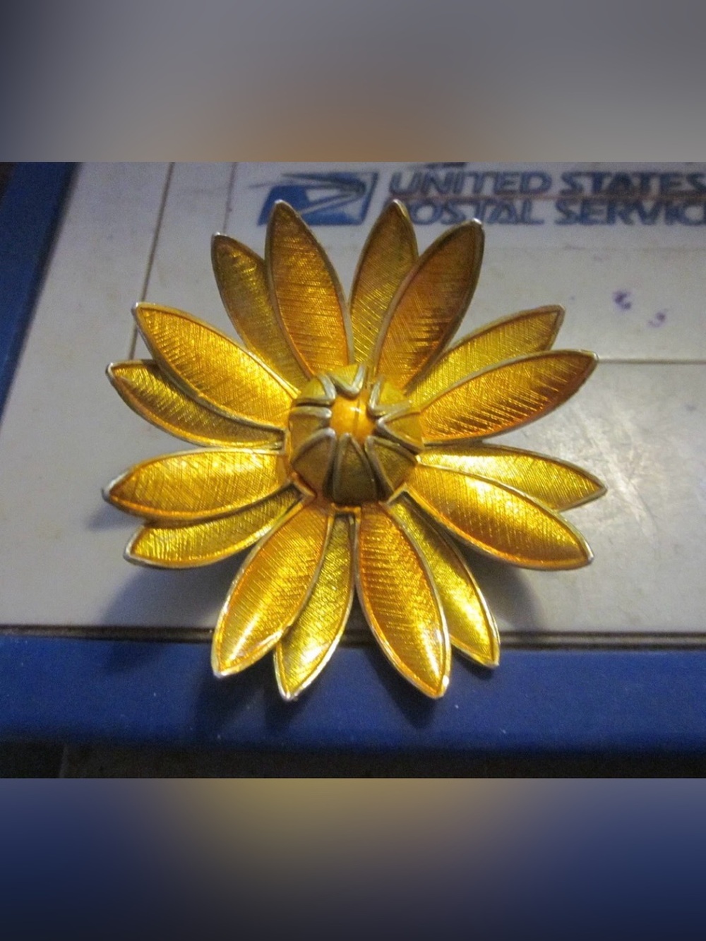 Vintage Made In Germany Orange And Yellow Enamel Dimensional Daisy Brooch 2"